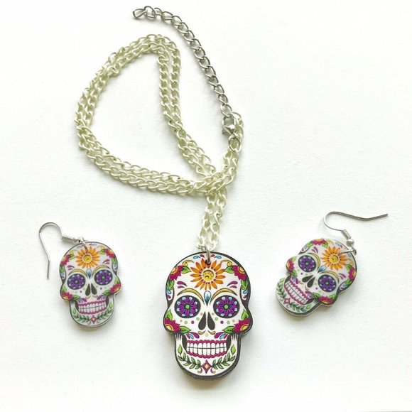 Halloween Day of the Dead Boho Skull Earring + Necklace - Picture 1 of 3